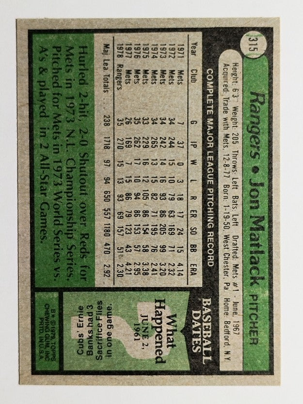 1979 Topps #315 Jon Matlack (VGEX)