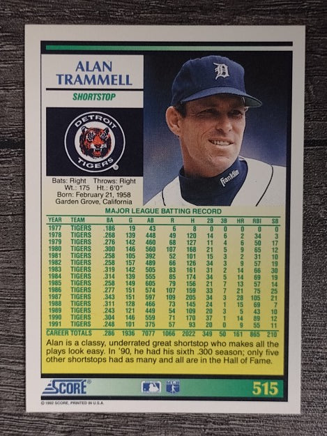 1992 Score #515 Alan Trammell