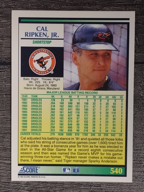 1992 Score #540 Cal Ripken