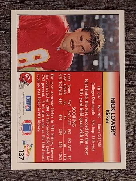 1992 Pacific #137 Nick Lowery