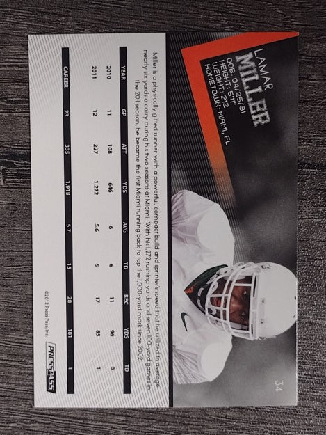 2012 Press Pass #34 Lamar Miller