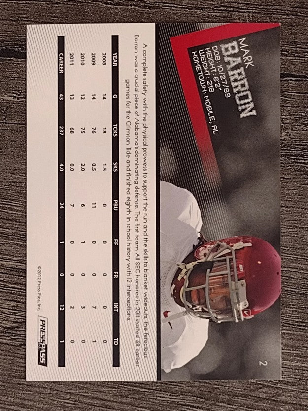 2012 Press Pass #2 Mark Barron
