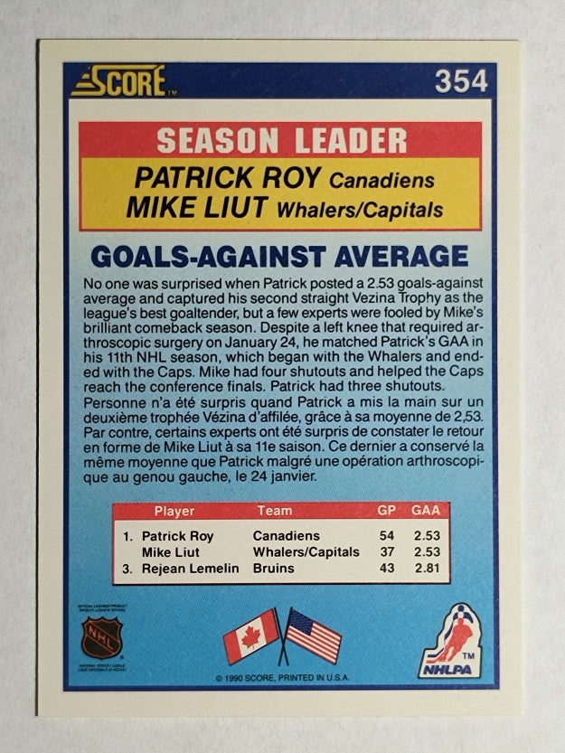 1990-91 Score Canadian #354 Patrick Roy/Mike Liut LL