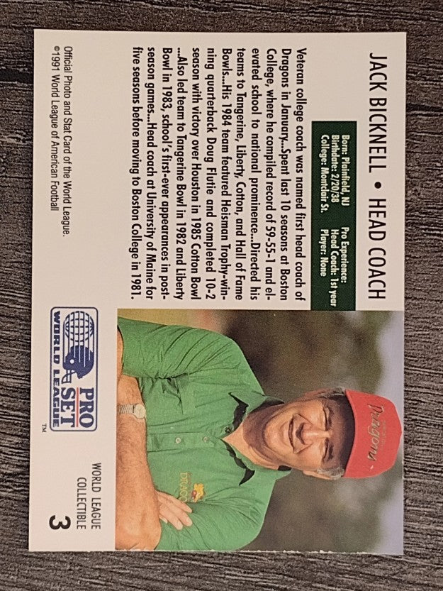 1991 Pro Set WLAF Inserts #3 Jack Bicknell CO