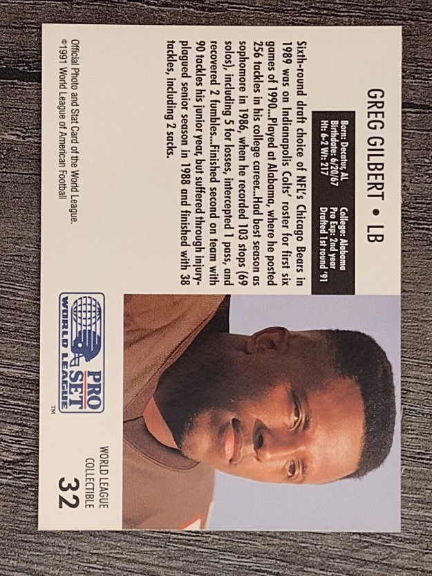 1991 Pro Set WLAF Inserts #32 Greg Gilbert
