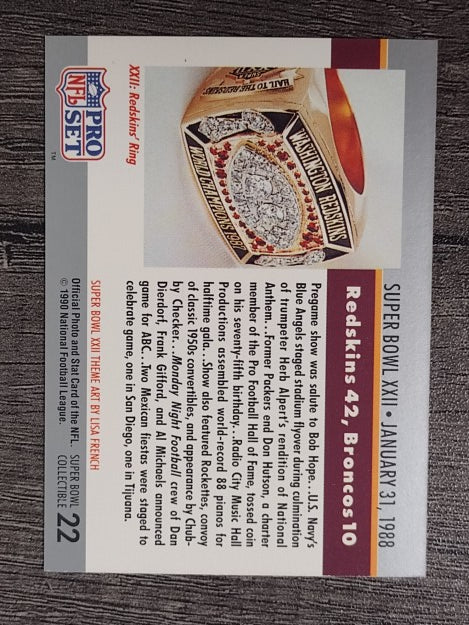 1990 Pro Set Theme Art #22B Super Bowl XXII COR/Jan. 31, 1988 on back