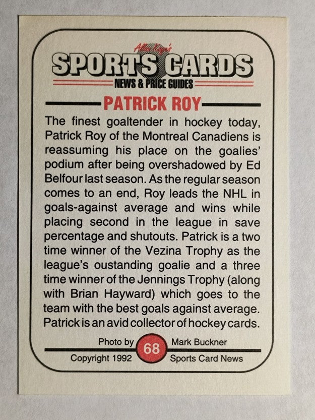 1991 Allan Kaye Sports Card News (1992) #68 Patrick Roy