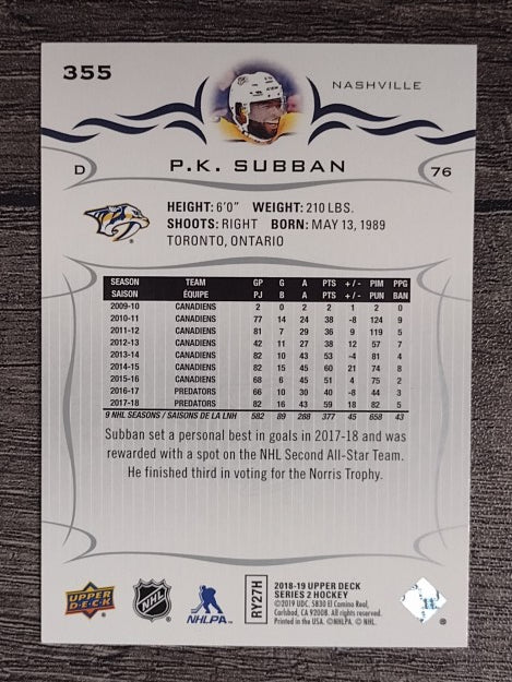 2018-19 Upper Deck #355 P.K. Subban