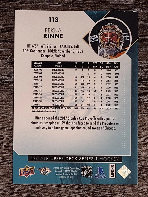 2017-18 Upper Deck #113 Pekka Rinne