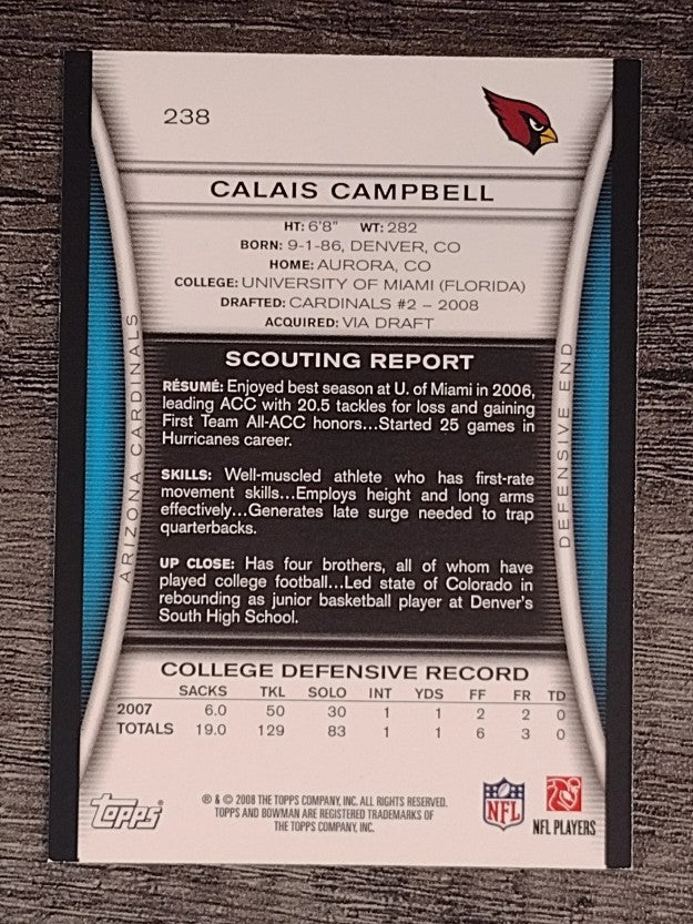 2008 Bowman #238 Calais Campbell RC