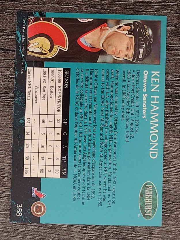 1992-93 Parkhurst #358 Ken Hammond