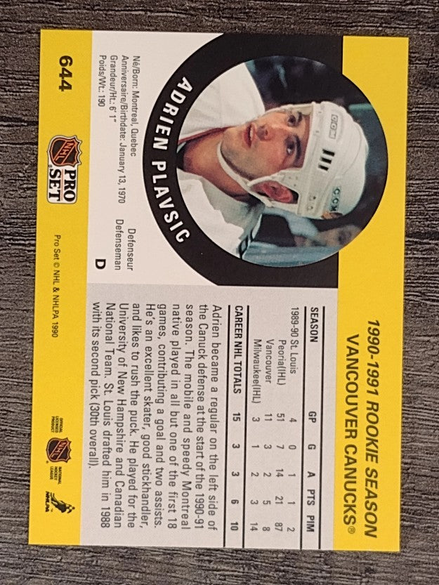 1990-91 Pro Set #644 Adrien Plavsic RC