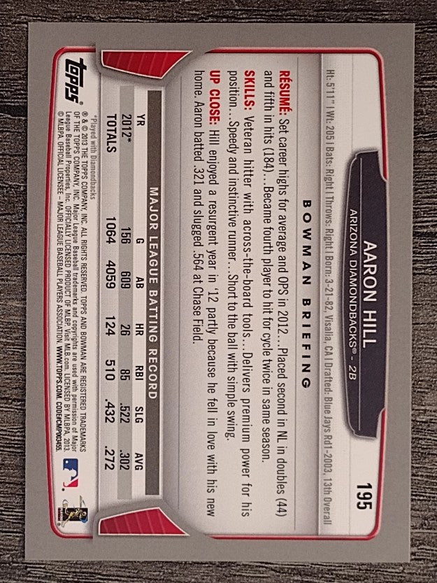 2013 Bowman Silver Ice #195 Aaron Hill (NM)