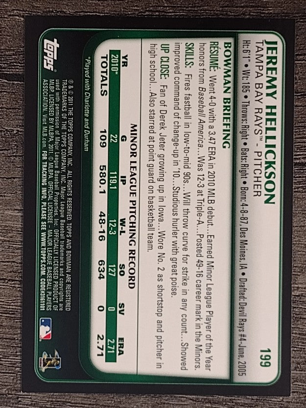 2011 Bowman #199 Jeremy Hellickson RC