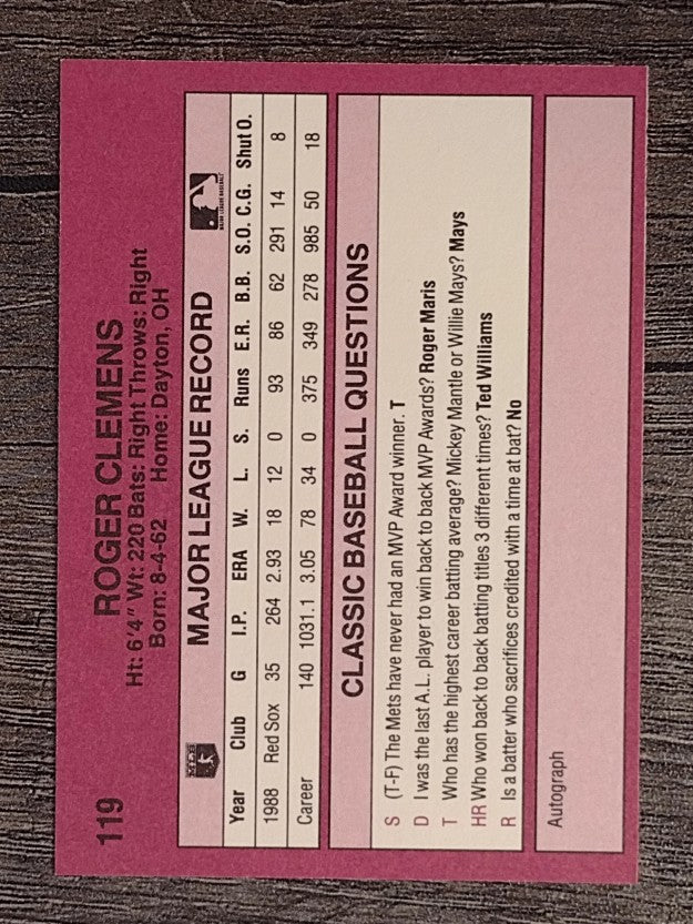 1989 Classic Travel Orange #119 Roger Clemens