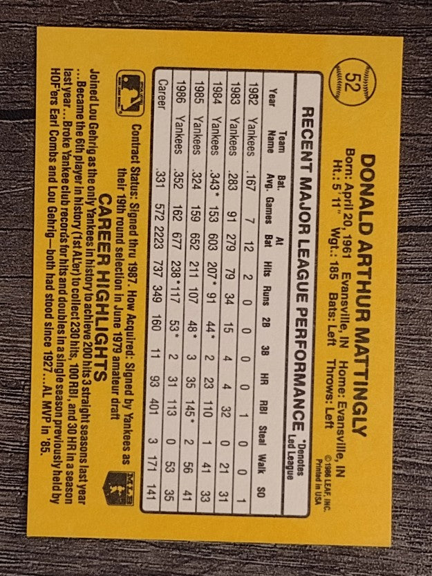 1987 Donruss #52 Don Mattingly