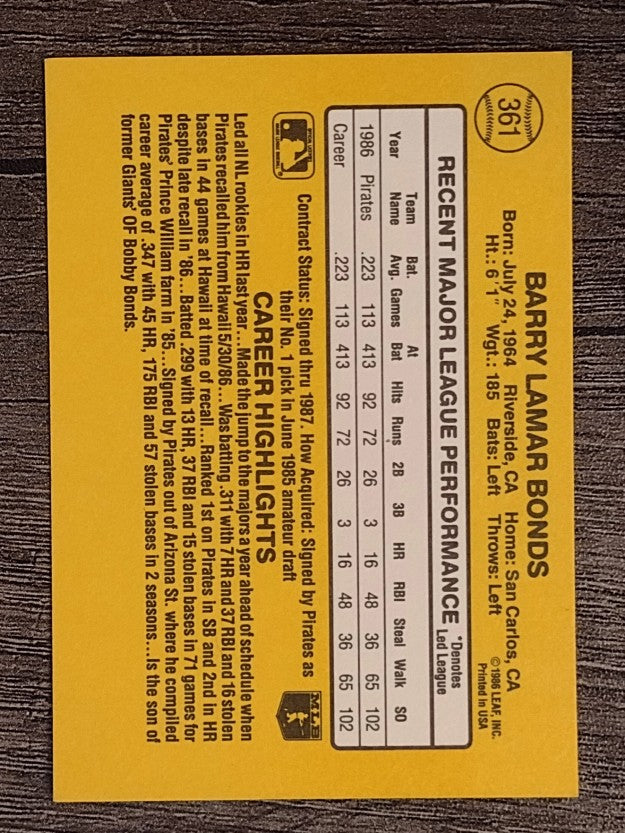 1987 Donruss #361 Barry Bonds RC (NM)