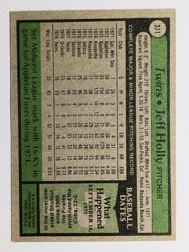 1979 Topps #371 Jeff Holly RC (EX)