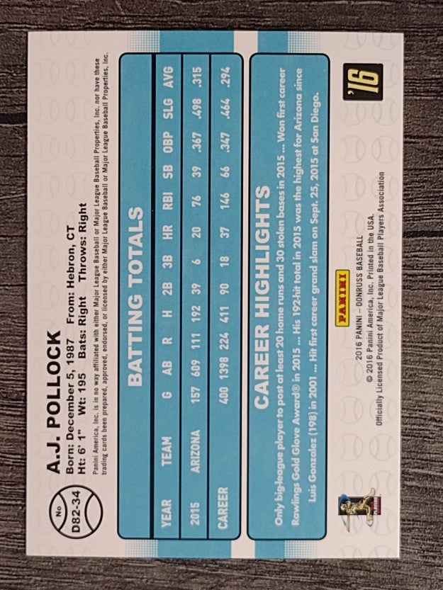 2016 Donruss '82 #34 A.J. Pollock