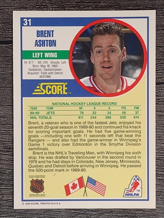 1990-91 Score #31B Brent Ashton COR/LW on card front