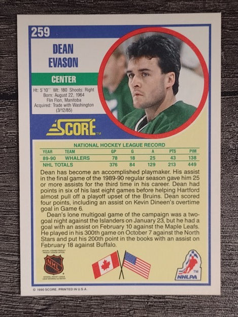 1990-91 Score #259B Dean Evason COR/photo is correct