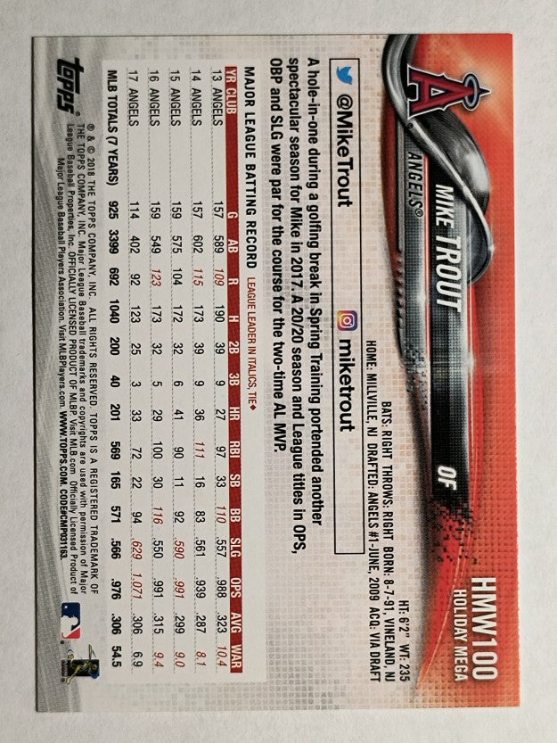2018 Topps Walmart Holiday Snowflake #HMW100 Mike Trout