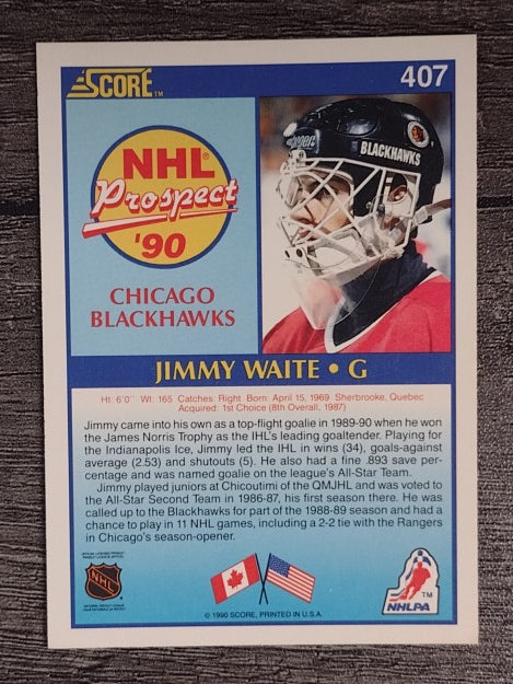1990-91 Score #407A Jim Waite ERR RC/reads "catches: right" on back