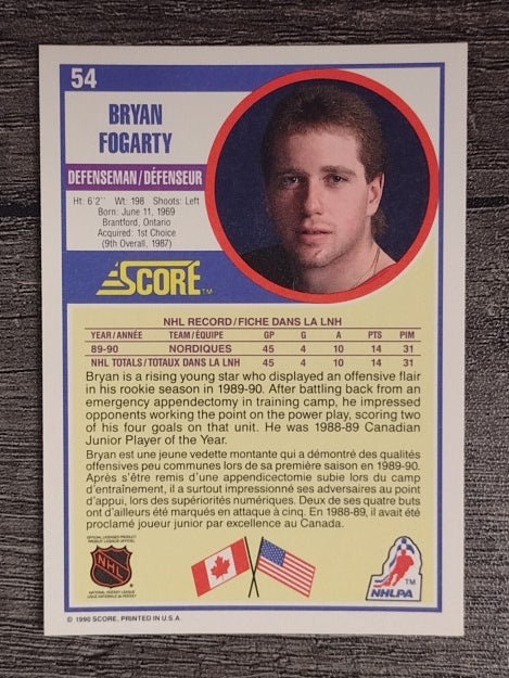 1990-91 Score Canadian #54 Bryan Fogarty RC