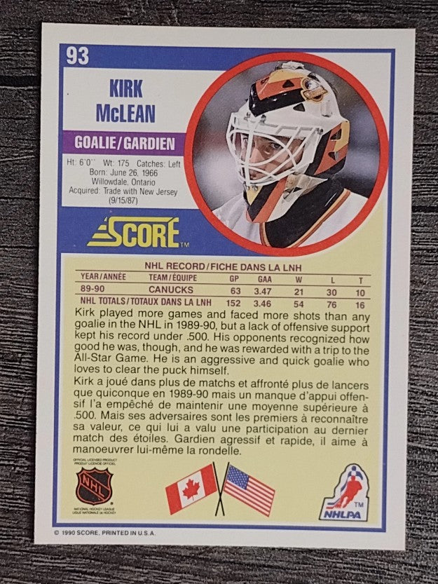 1990-91 Score Canadian #93 Kirk McLean