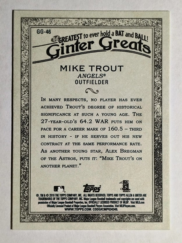 2019 Topps Allen and Ginter Ginter Greats #GG46 Mike Trout
