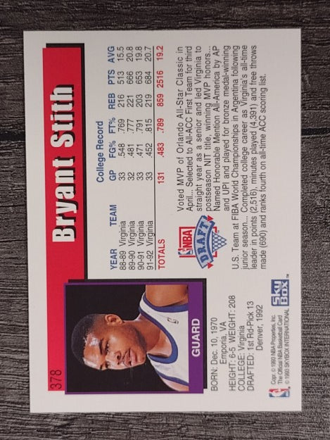 1992-93 Hoops #378 Bryant Stith RC