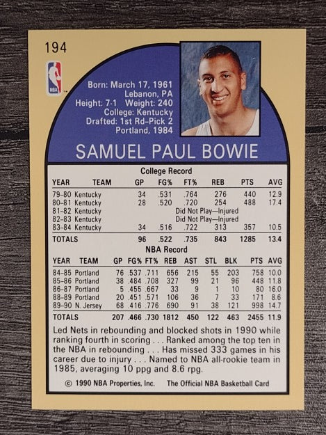 1990-91 Hoops #194 Sam Bowie
