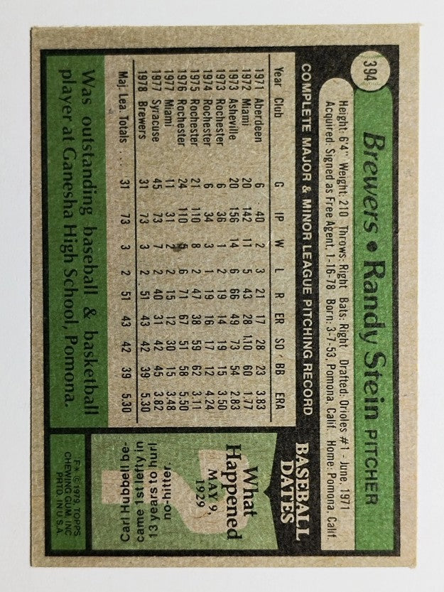 1979 Topps #394 Randy Stein RC (EX)
