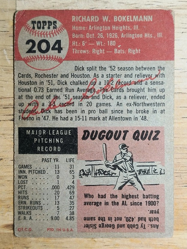 1953 Topps #204 Dick Bokelman RC (VG)