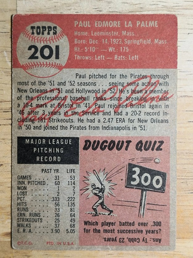 1953 Topps #201 Paul LaPalme (VGEX)