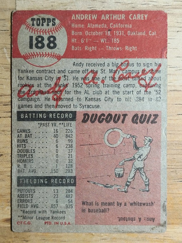 1953 Topps #188 Andy Carey RC (POOR)