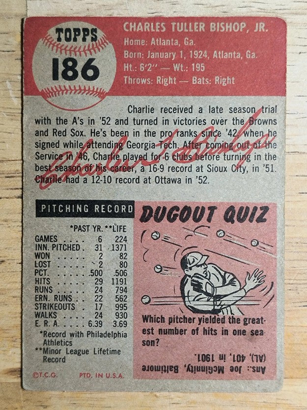 1953 Topps #186 Charlie Bishop RC (VGEX)