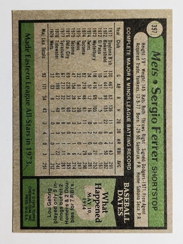 1979 Topps #397 Sergio Ferrer RC (EX)