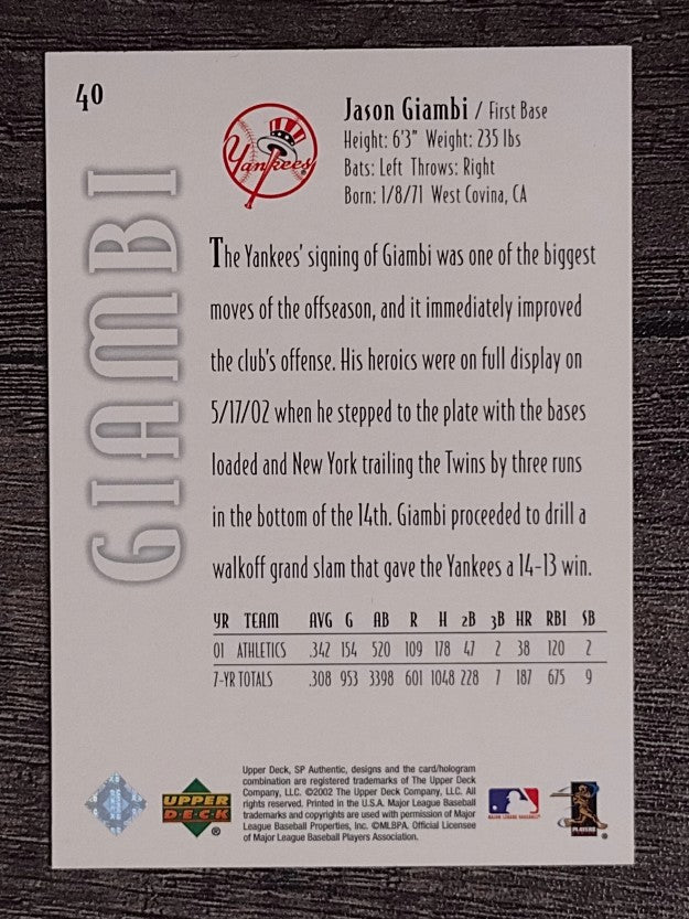 2002 SP Authentic #40 Jason Giambi