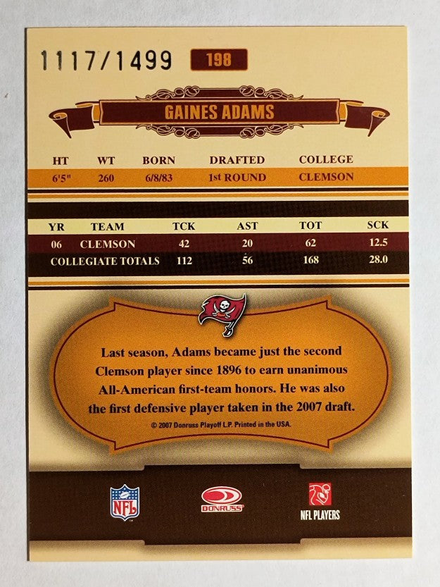 2007 Donruss Classics #198 Gaines Adams/1499 RC