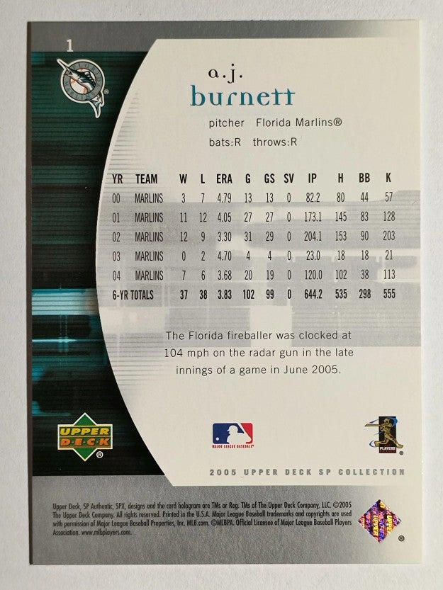 2005 SP Authentic #1 A.J. Burnett