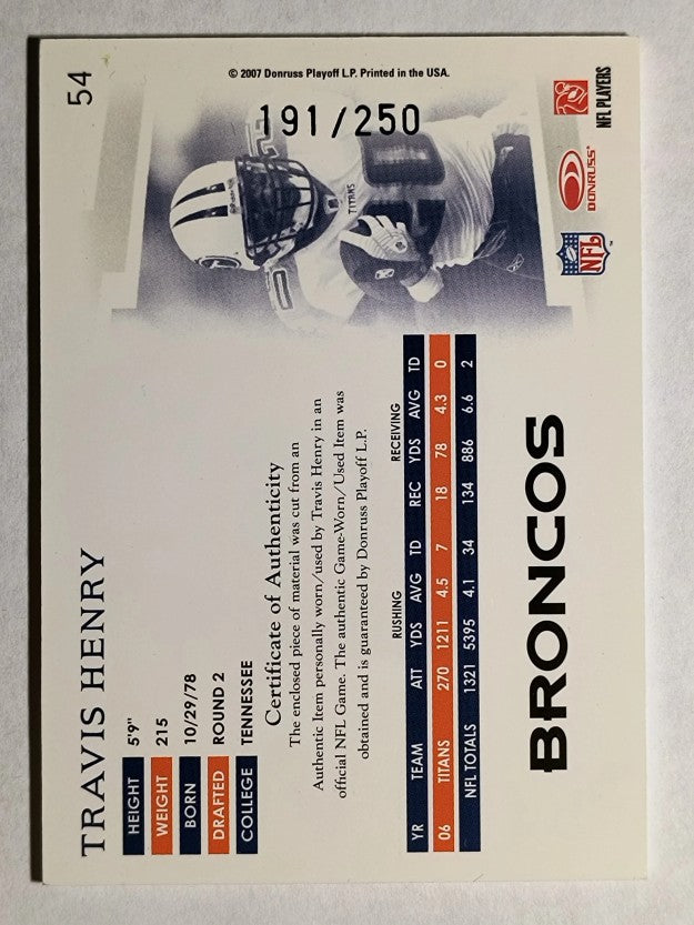 2007 Donruss Threads Jerseys #54 Travis Henry