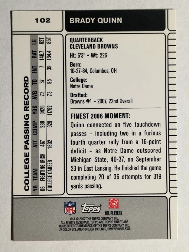 2007 Finest #102 Brady Quinn RC