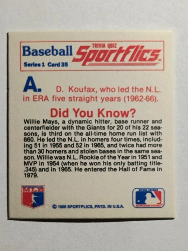 1986 Sportflics Trivia #35 Baseball Trivia Quiz