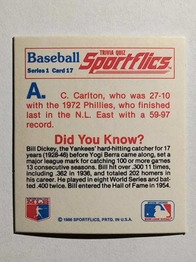 1986 Sportflics Trivia #17 Baseball Trivia Quiz