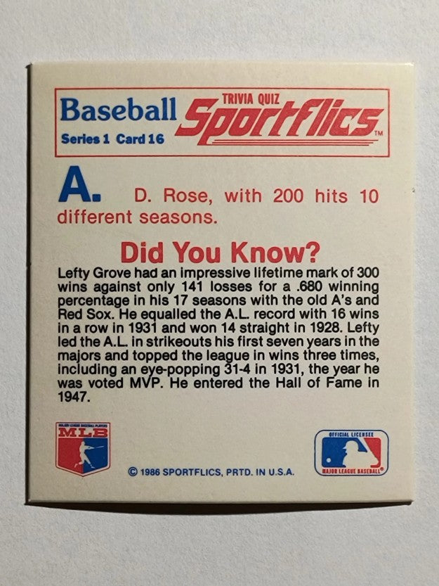 1986 Sportflics Trivia #16 Baseball Trivia Quiz