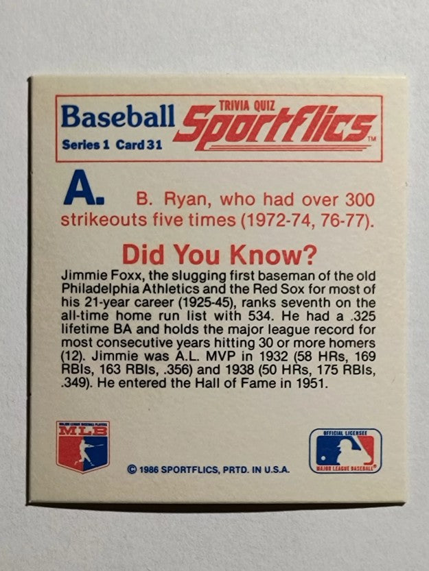 1986 Sportflics Trivia #31 Baseball Trivia Quiz