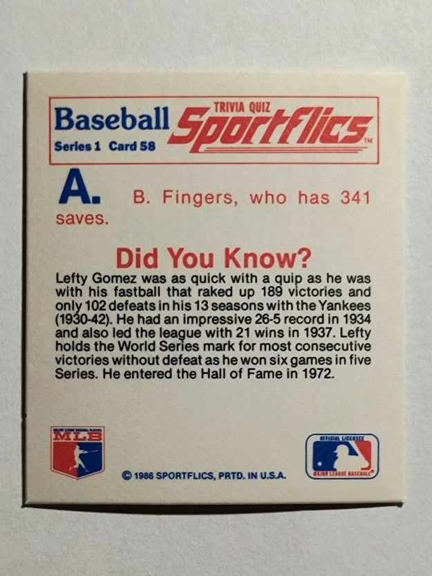 1986 Sportflics Trivia #58a Baseball Trivia Quiz/Rollie Fingers answer