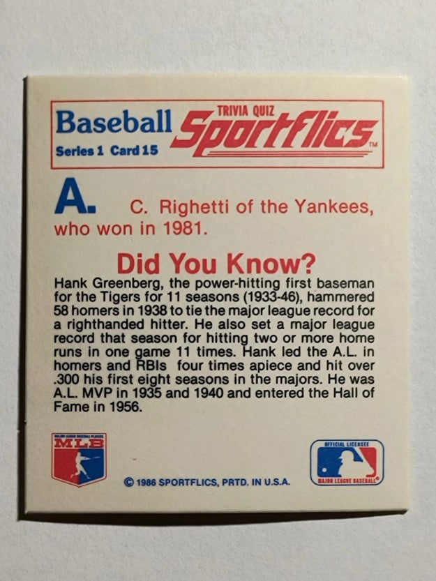 1986 Sportflics Trivia #15 Baseball Trivia Quiz
