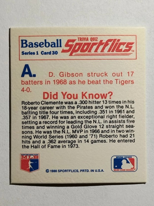 1986 Sportflics Trivia #30 Baseball Trivia Quiz